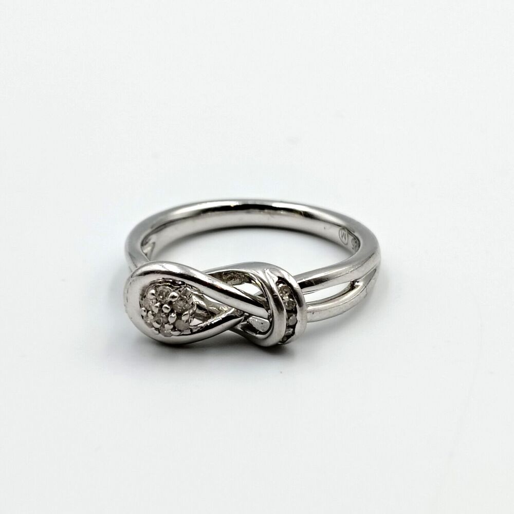 Sterling Silver 925 Designer Pave Diamond Knot Design Ring Sz 7